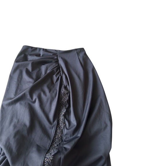 Popilush Black Lace Trim Ruched High Slit Shapewear Midi Skirt Built-in Shorts - Picture 4 of 6